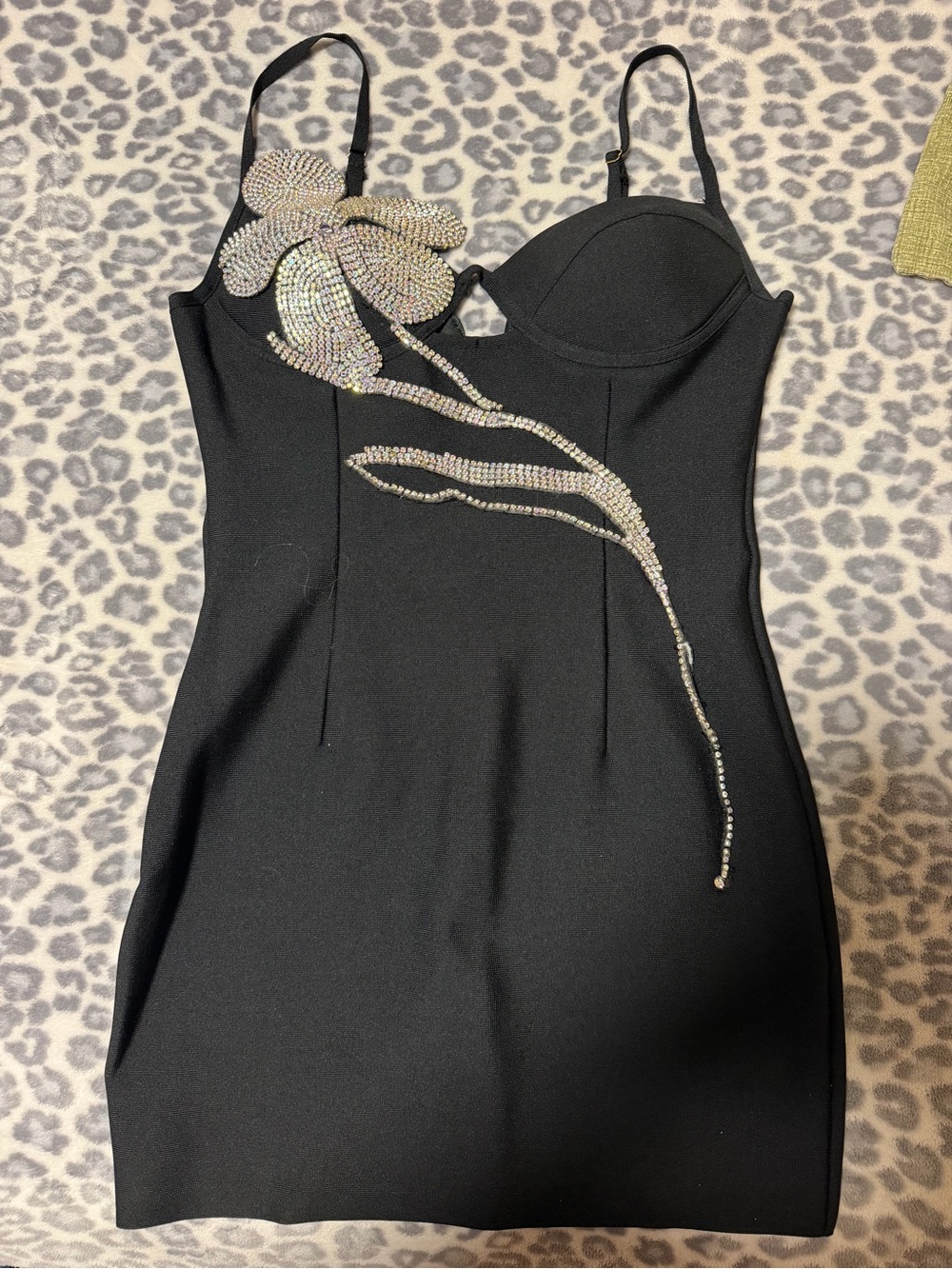 Black Mini Dress with Crystal Floral Appliqué